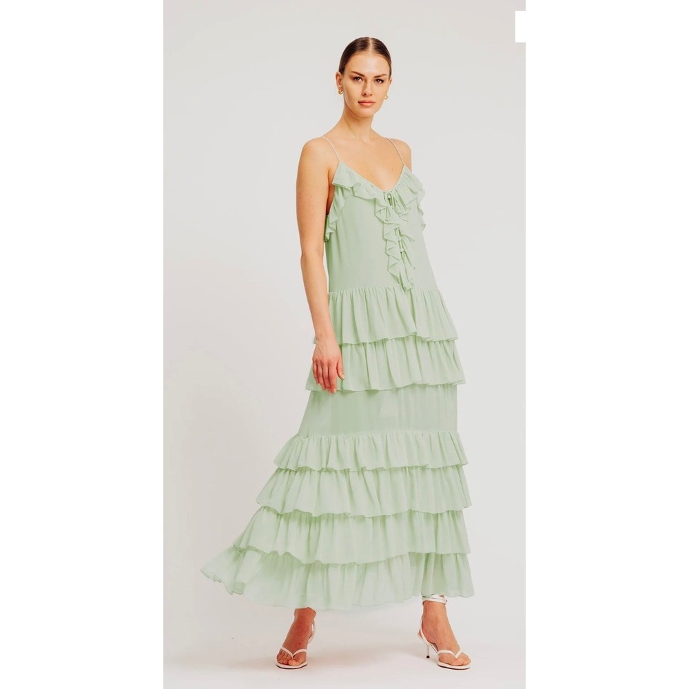 Torn by Ronny Kobo Orcadia Dress Sage Green Tiered Ruffle Maxi TBRK-22-8695 NEW